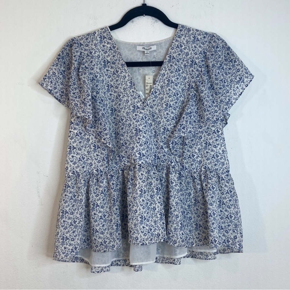Madewell Blue & Off-White Cap Sleeve Peplum Fold Snap Front Top Size-M